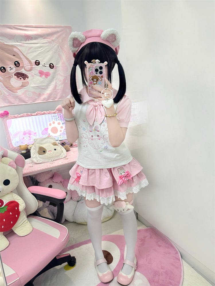 ネクタイTシャツ耳ハートバニーピンクホワイトピーターパンカラーバニー