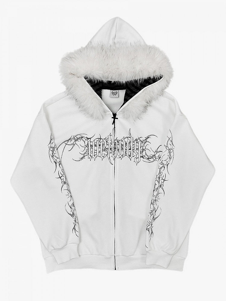 White Y2K Spring Hooded Jacket with Detachable Fur Collar and Black Floral - Alita26SS