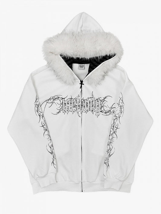 White Y2K Spring Hooded Jacket with Detachable Fur Collar and Black Floral - Alita26SS