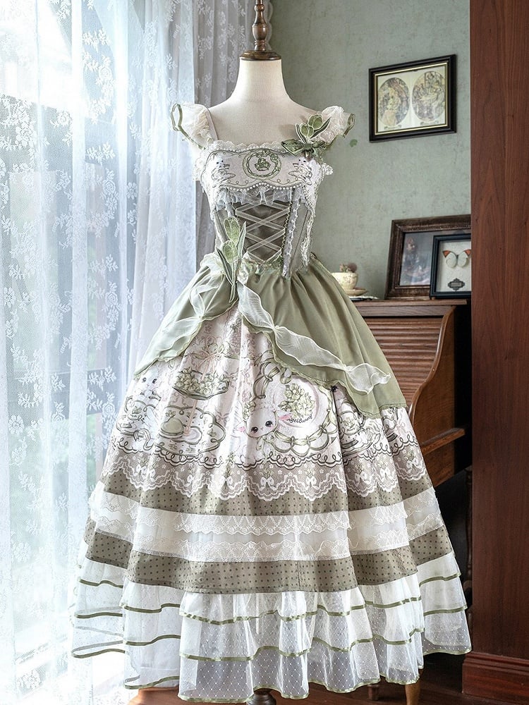 Dress Green with Trimmings Print and Layered Rabbit Country Teacup Lace Lolita
