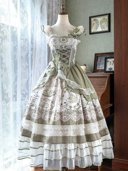 Dress Green with Trimmings Print and Layered Rabbit Country Teacup Lace Lolita