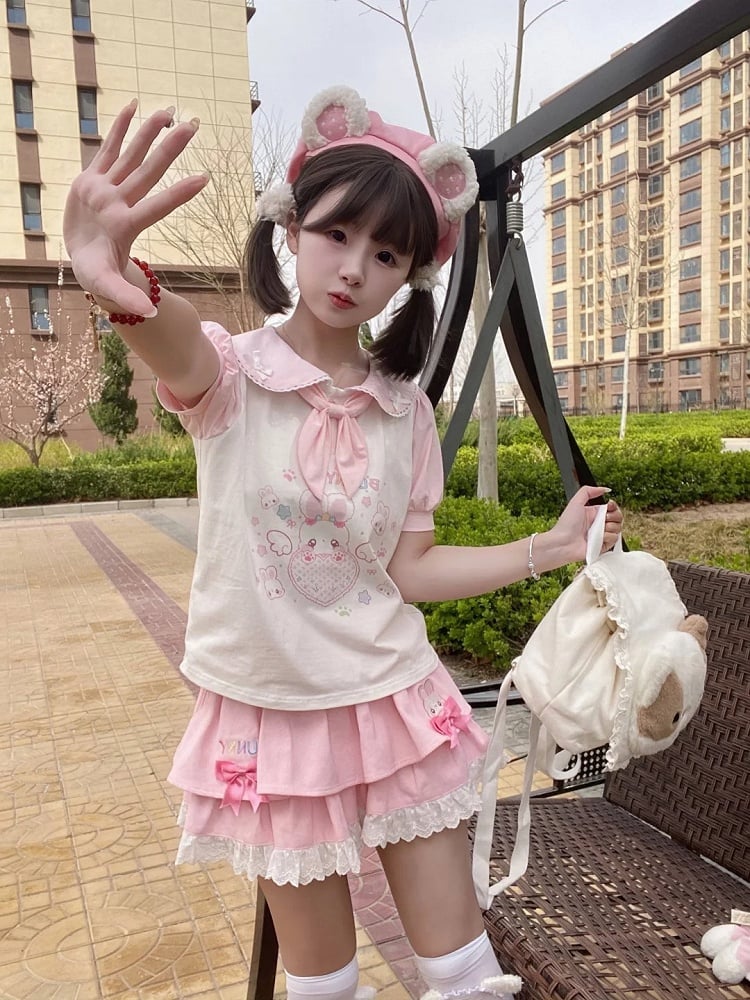 ネクタイTシャツ耳ハートバニーピンクホワイトピーターパンカラーバニー