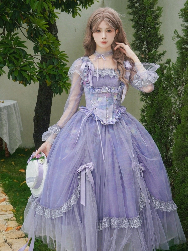 Purple Oil Painting Print Square Neck Lolita OP Dress - With PUJI