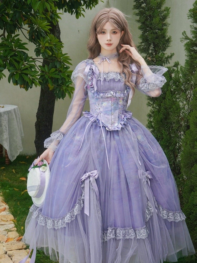 Drucken Lily Lange Öl Kleid Wasser Ausschnitt Malerei Ärmel Lila Lolita Rock Klassische Quadrat