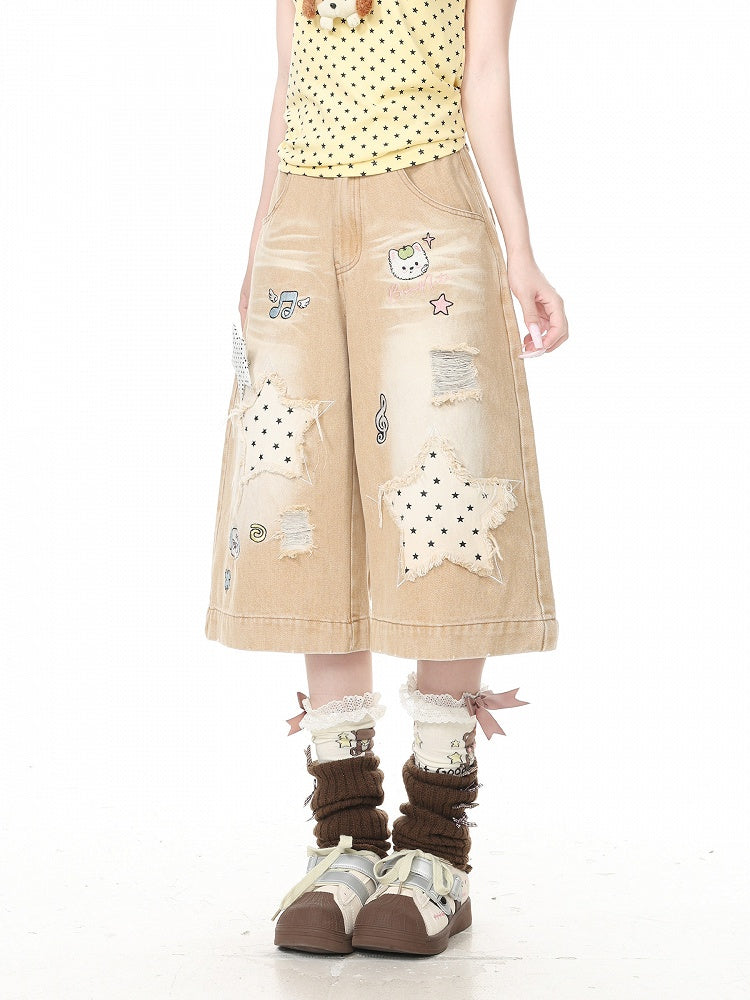 Apricot Distressed Wide-Leg Cropped Denim Pants with Puppy Embroidery & Star Patterns - Languid Park