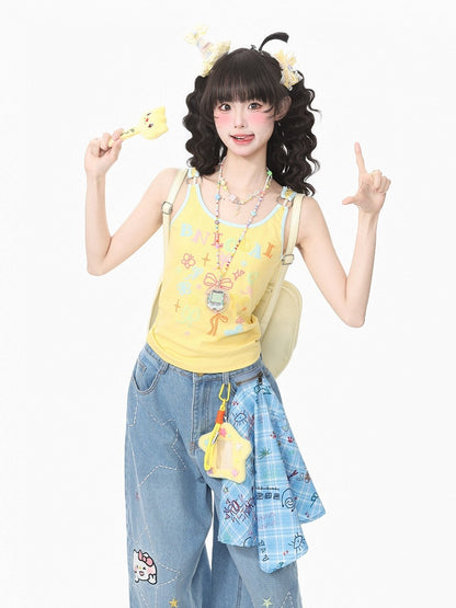 Yellow Polka Dot Bow Camisole Top with Kawaii Style - Languid Park
