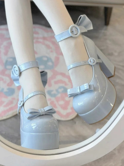 Accents Ring Elegant Buckle High-heels Bow and Polished Lolita Blue Platform with