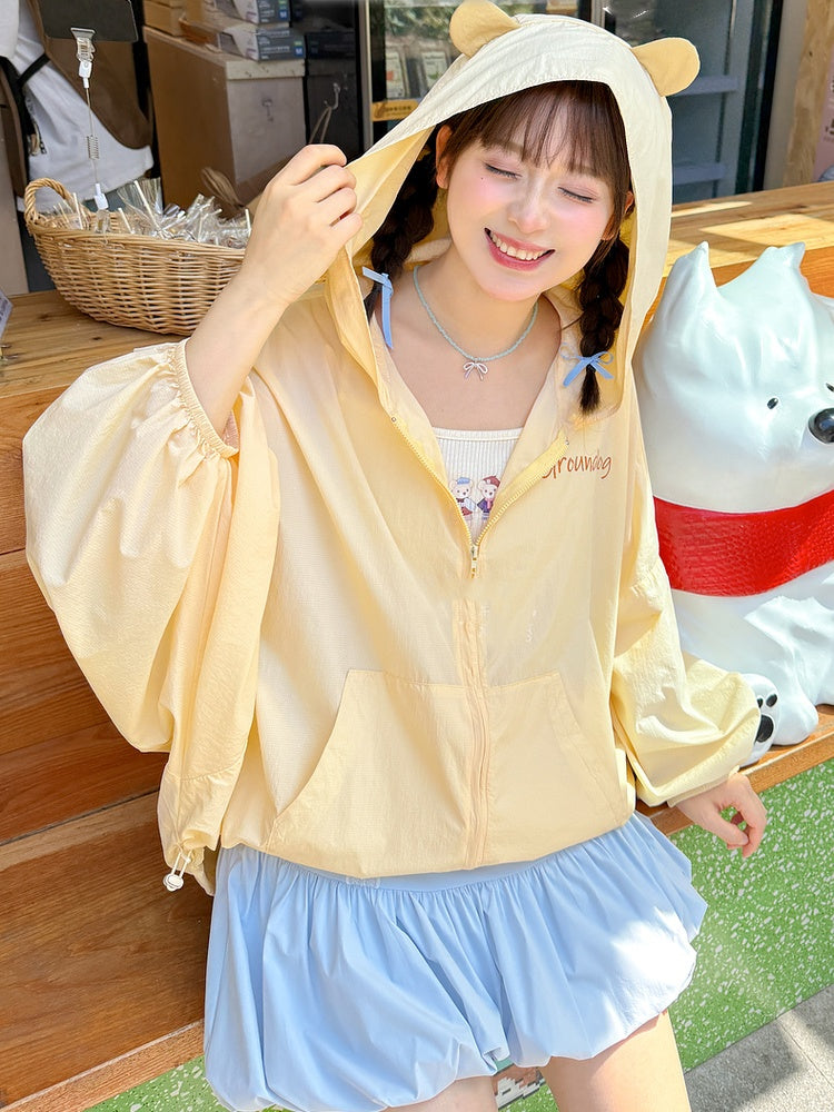 ジャケット 日焼け防止 ドローストリング イエロー マーモットの耳デザイン フード裾