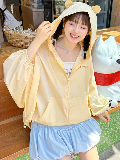 ジャケット 日焼け防止 ドローストリング イエロー マーモットの耳デザイン フード裾