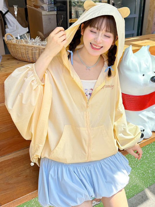 ジャケット 日焼け防止 ドローストリング イエロー マーモットの耳デザイン フード裾