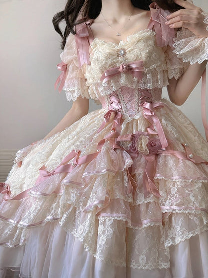 Pink Dress and Beige Piece Layered High-low Princess One Lolita Hanayome Hime