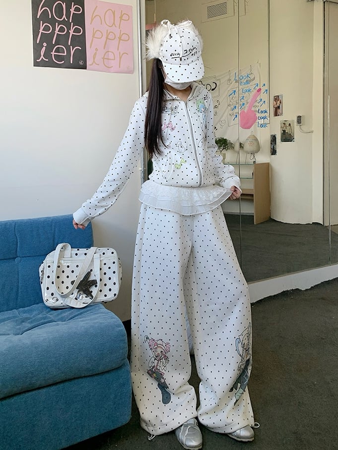 Design Pattern Polka-dot Pants Cartoon Girl Wide-leg White with Pull-on