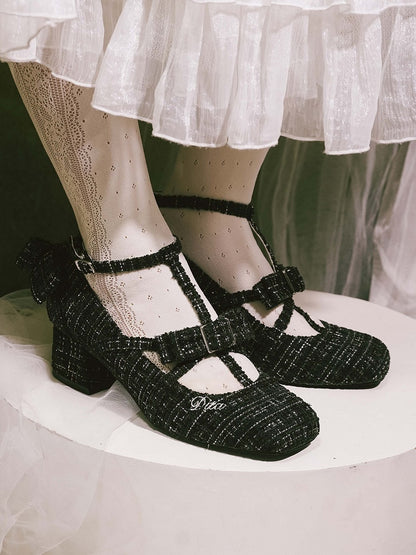 Design Lolita Black Accents Square with Bow Elegant Toe T-strap Shoes