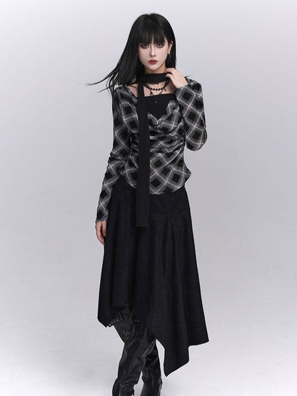 Top Faux Two-Piece Cowl Autumn Black Neck Plaid