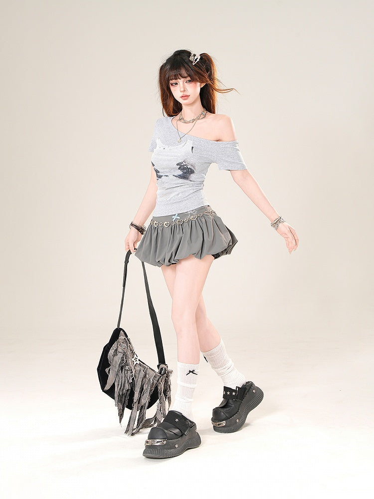 アシンメトリーネックライングラフィックTシャツ グレー/ホワイト