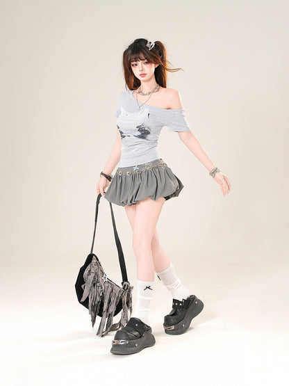 アシンメトリーネックライングラフィックTシャツ グレー/ホワイト