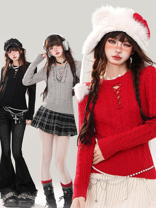 Grey Cutout Detail Round Neck Slim-fit Sweater