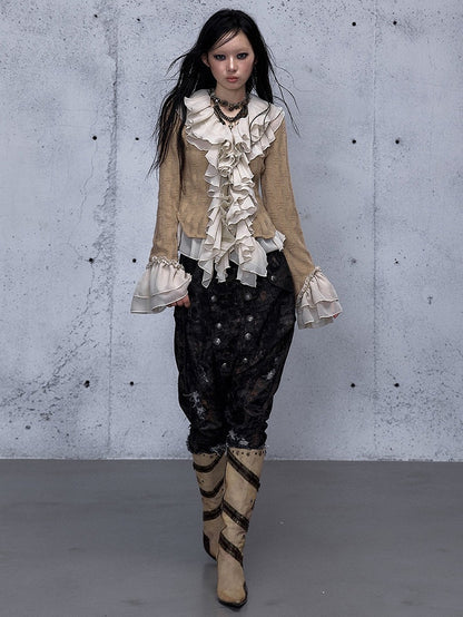 Ruffled Cuffs Khaki Top Bell Sleeve with Jabot Flounced Long