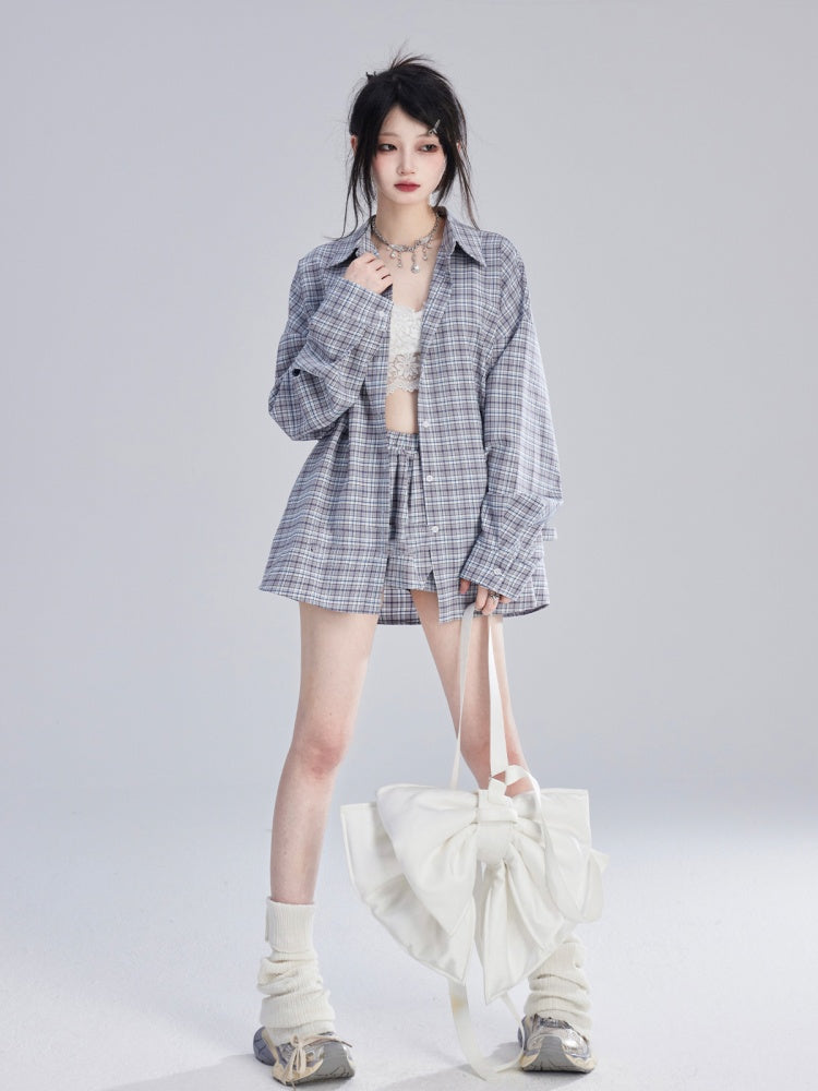 Lockeres blau-weiß kariertes Vintage-Shirt/Ballerrock