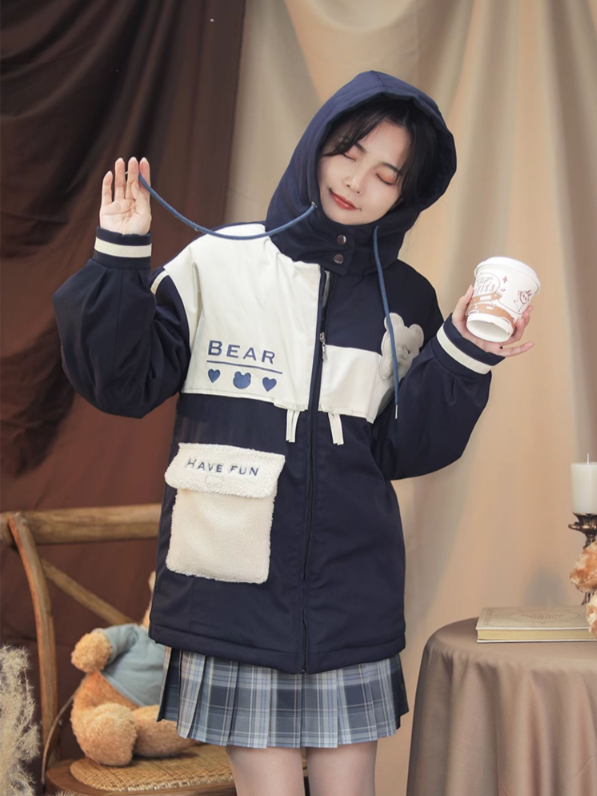 Blue/Pink Colorblock Jacket Plush Zip-Up Padded with Hood Teddy Patch