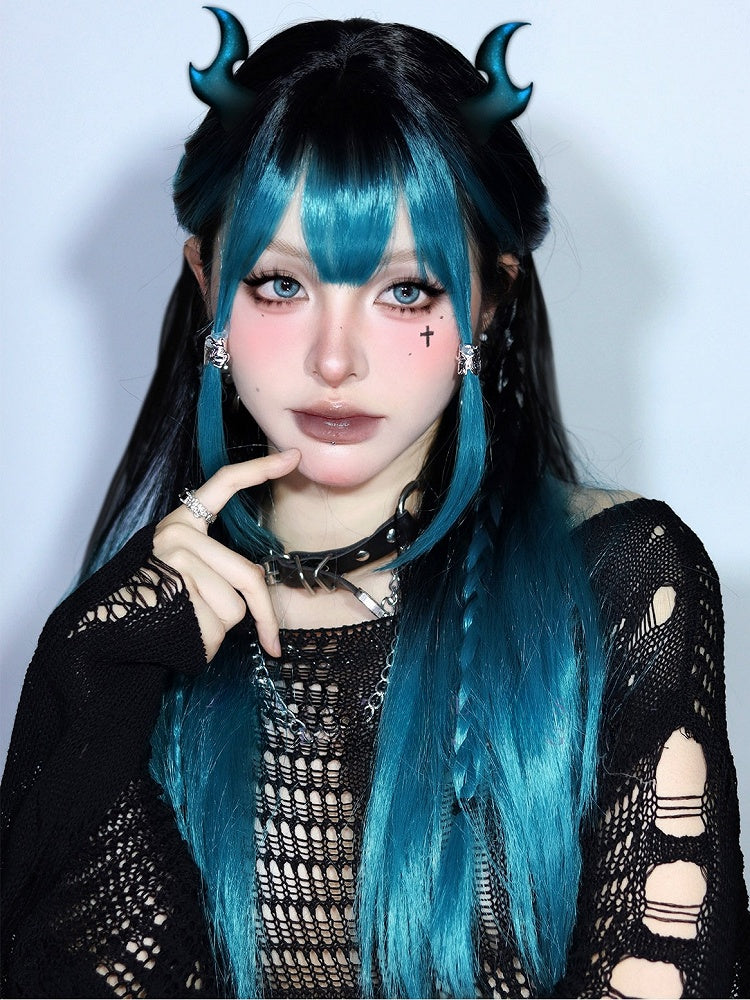 グリーン、前髪あり、エアブラック、オンブレ、長さ68cm、ストレート