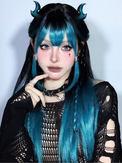 グリーン、前髪あり、エアブラック、オンブレ、長さ68cm、ストレート