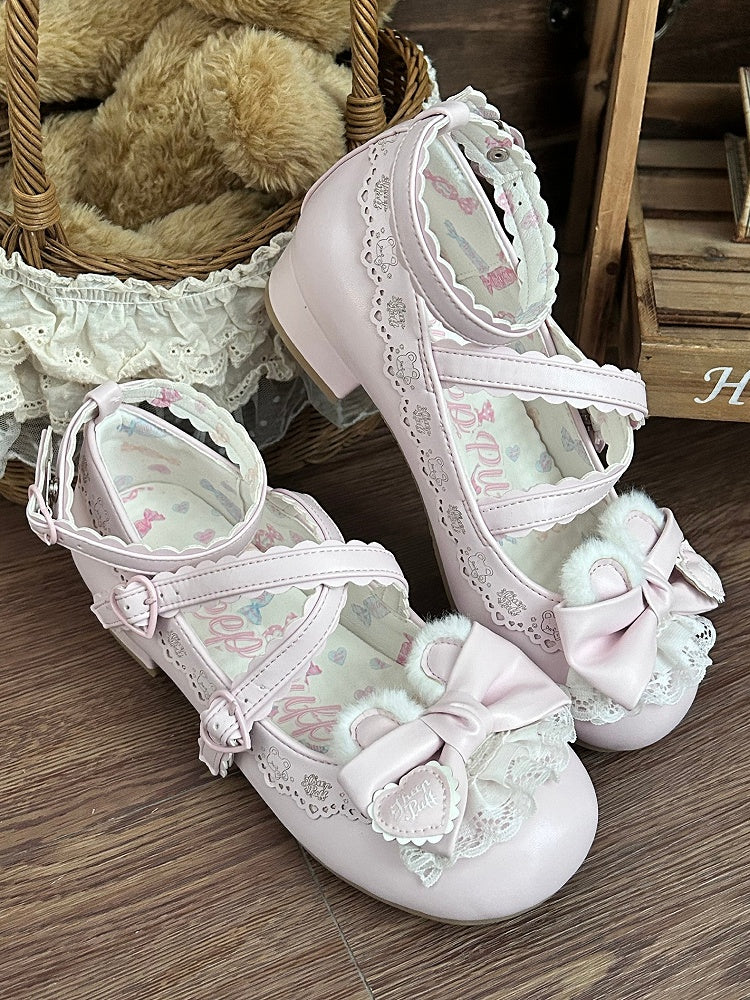 Bear Design Lolita Ear - Sweet Buttons Plush Janes Heart Adjustable Mary Crisscross with Bow Pink PU Snap