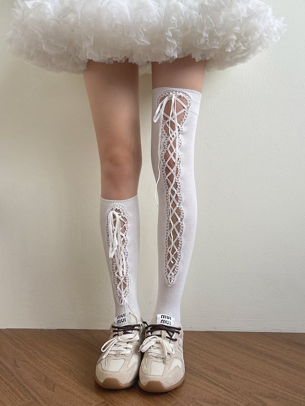 Black/White Straps Self-tie Calf Hollow-Out Socks