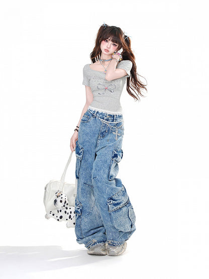 Black/Gray Bow Print Lace Trim Glamorous Cropped T-Shirt