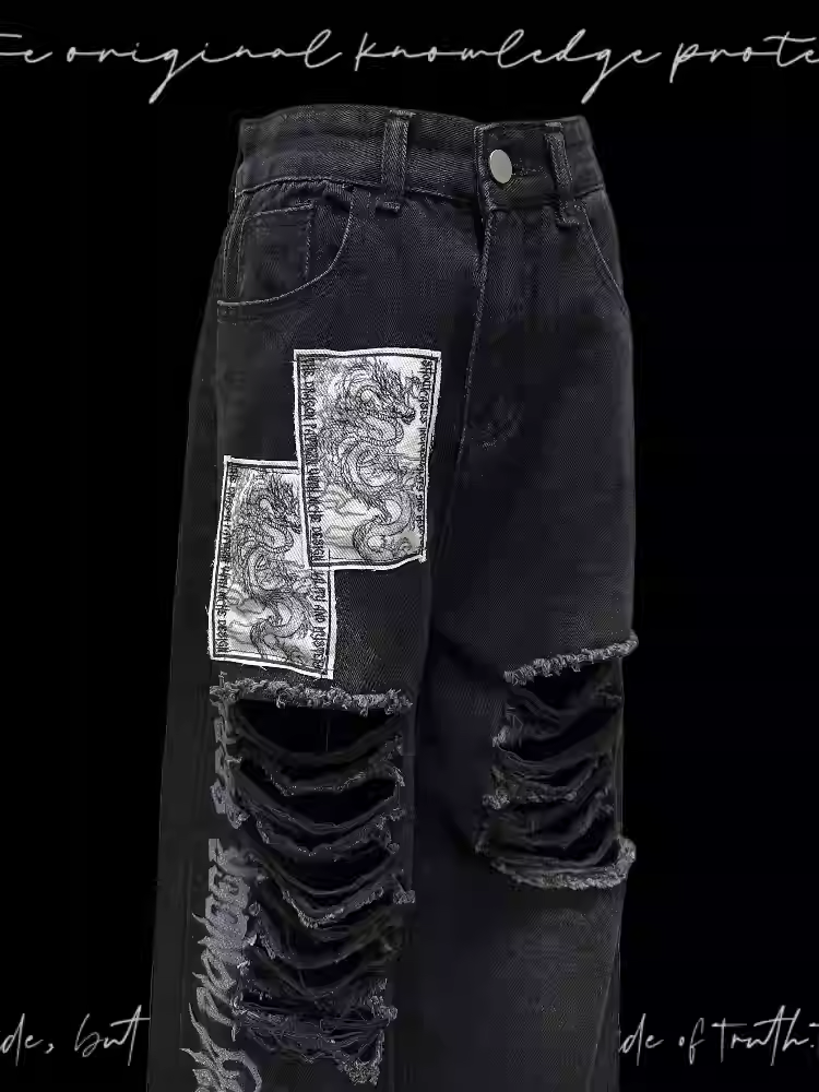 Schwarz Punk Print Dragon Holes Saum Jeans Distressed Applikationen Raw