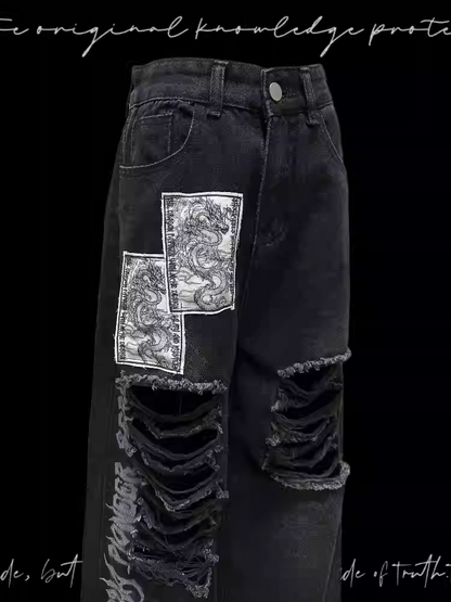 Schwarz Punk Print Dragon Holes Saum Jeans Distressed Applikationen Raw