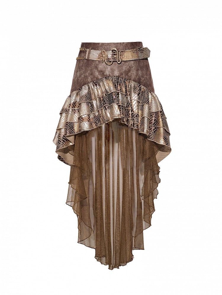 High-low Snakeskin Brown Pattern Skirt Wasteland Punk Design Tiered