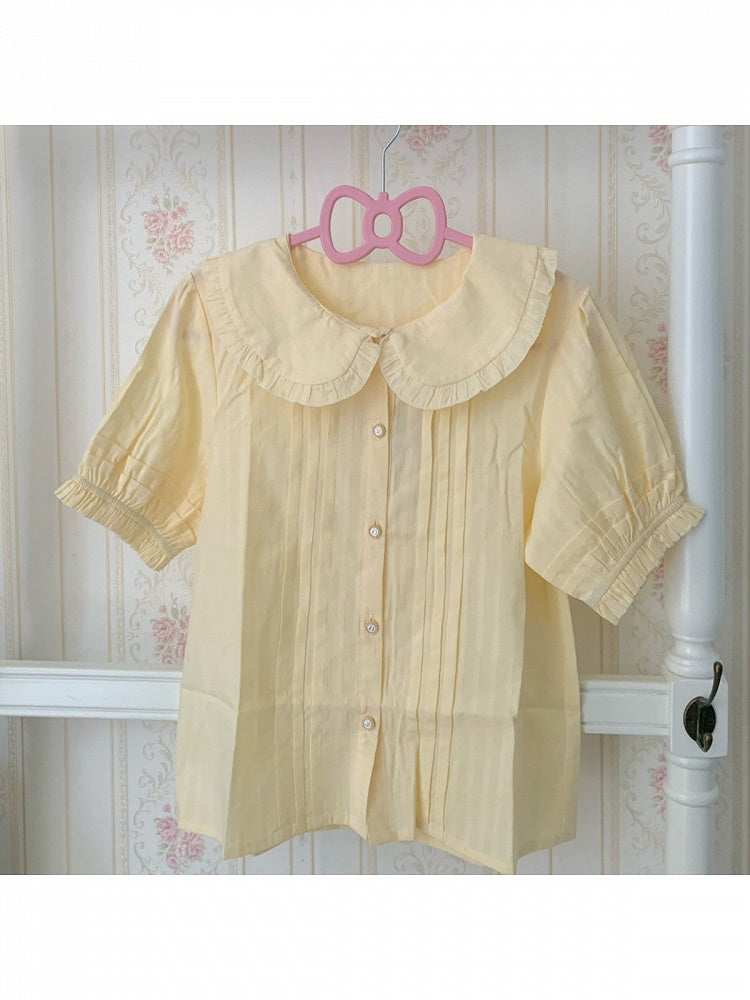 Peter Pan Collar Short Sleeve Blouse in Yellow - Chubby Cat Diary
