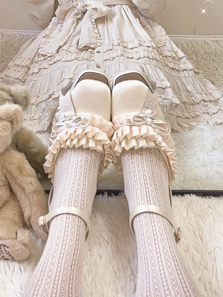 Lolita Elegant Ruffle Toe Tiered Square Sandals Off-white - Trim