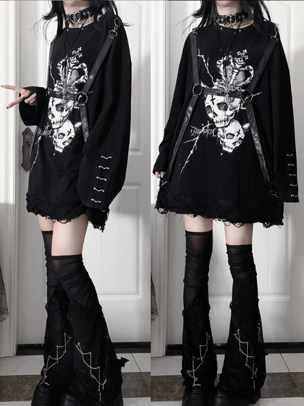 Punk Straps Heart Accents Top Print Long-Sleeve Black Gray Chain Cuff PU with Subculture