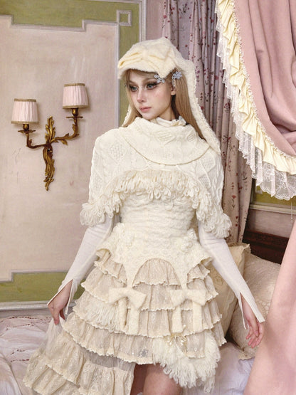 Cable Knit Shawl Cream White Fringe-Edged with Thick