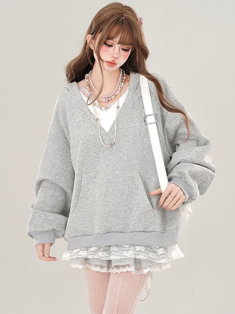 Grey/White Lace Trim V-neck Loose Hoodie Fake Two-piece