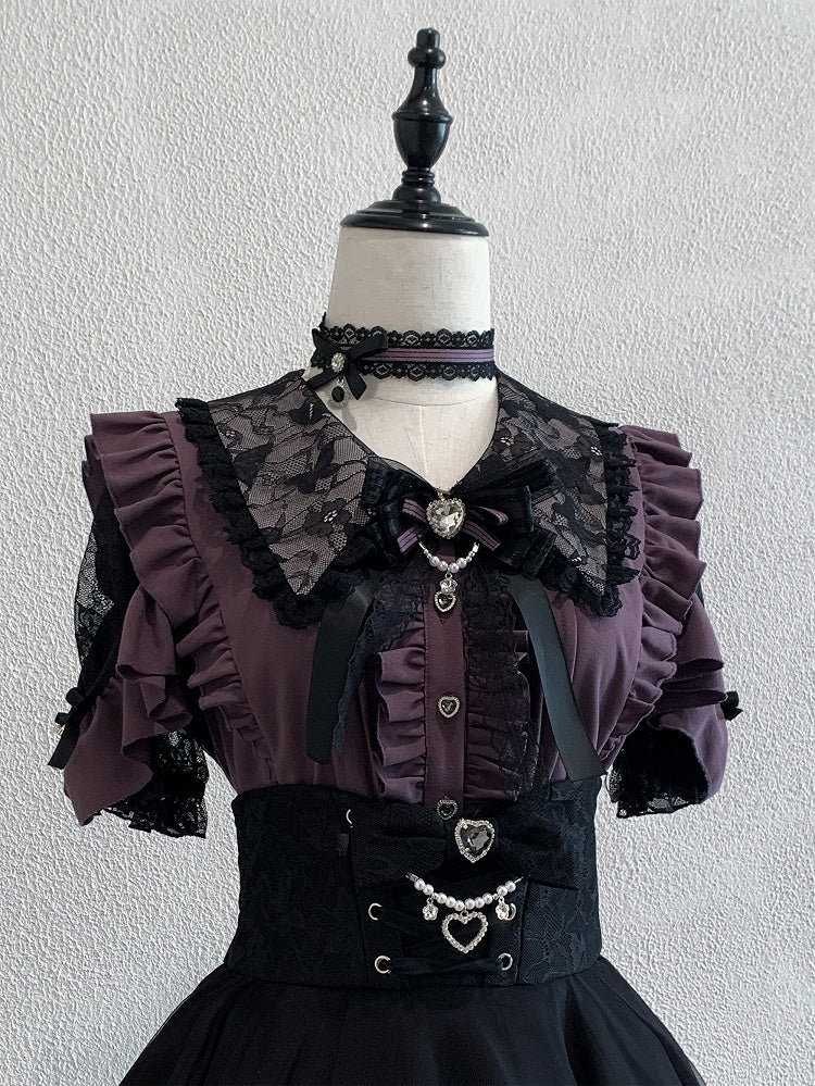 Jirai Kei Purple Lace Cutout Shoulder Short Sleeve Blouse with Ruffle Details - Ekomi