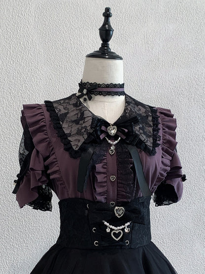 Jirai Kei Purple Lace Cutout Shoulder Short Sleeve Blouse with Ruffle Details - Ekomi