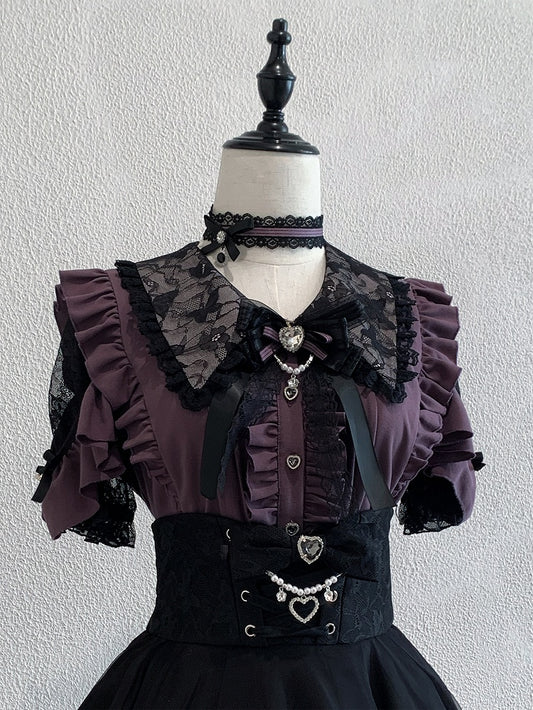 Jirai Kei Purple Lace Cutout Shoulder Short Sleeve Blouse with Ruffle Details - Ekomi
