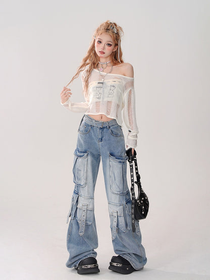 Cropped Beige Knit Top with Intricate Distressed Asymmetrical Holes