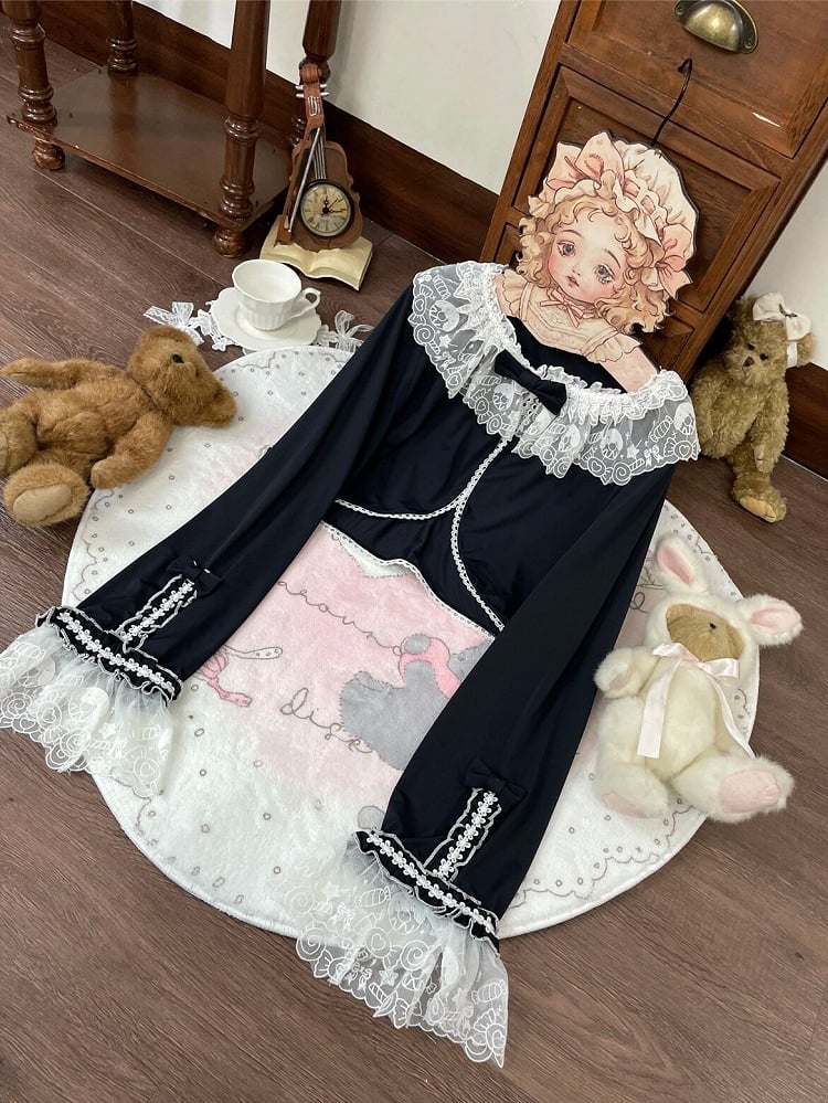 Long-Sleeve Lolita Top in 8 Colors with Lace Trim - Star Fantasy
