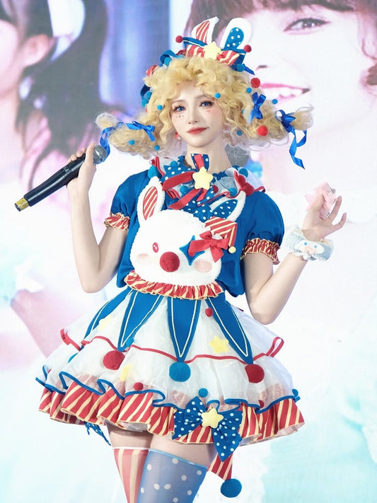 Clown Dark Bunny Kleid Blau Clowncore Overalls Fleece Lolita Pastell Sweet Circus Rot und Mieder