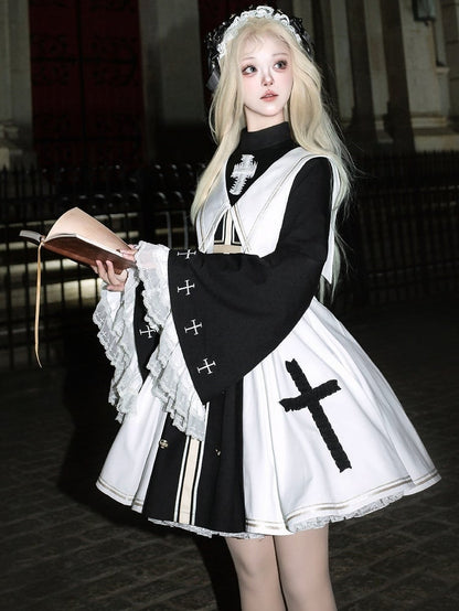 White and Black Cross Details Bell Sleeves Nun Lolita Dress