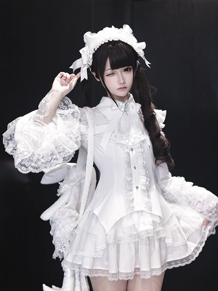 White Landmine Jabot Bow Tie with Rhinestone and Cross Accents - Ekomi