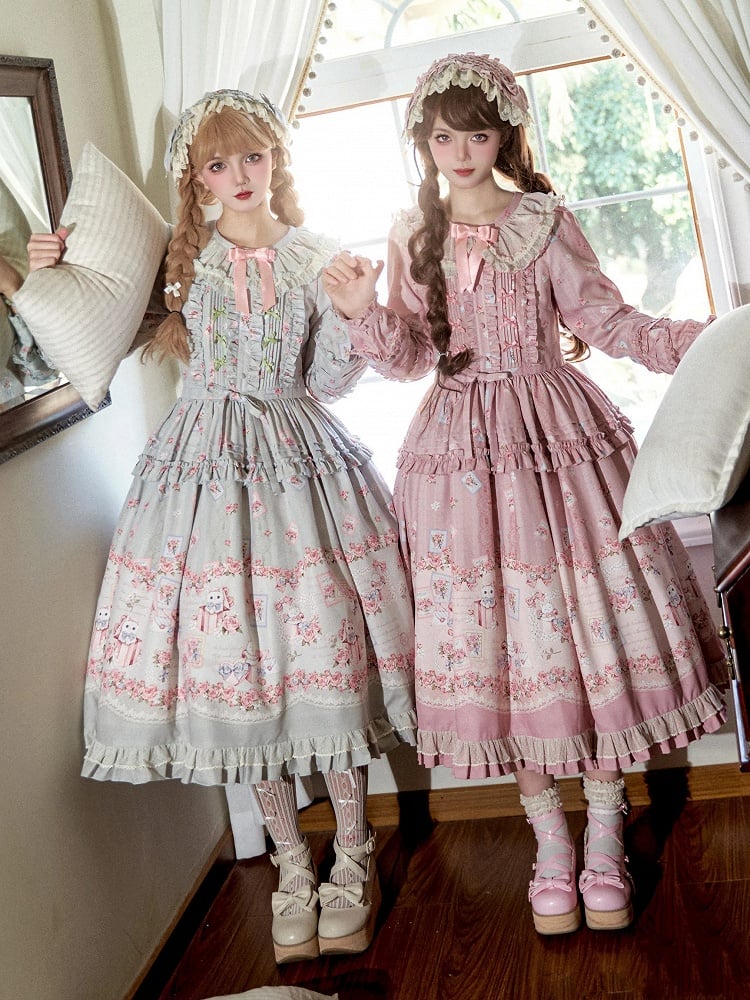 Pink Floral and Kitty Spring Long Sleeves Pink House Style Sweet Lolita Dress