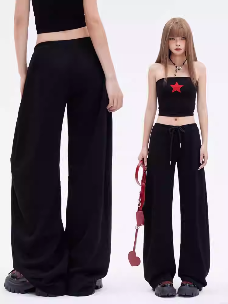 Black Drawstring Waist Loose Straight-leg Sweatpants