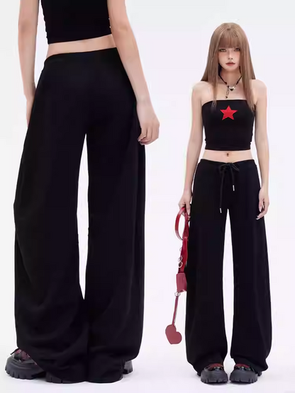 Black Drawstring Waist Loose Straight-leg Sweatpants