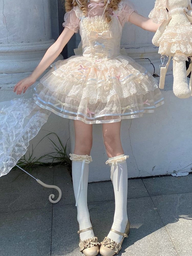 Tüll-Lolita-Korsettrock, Prinzessinnen-Lagenrock, Aprikose, große Taille, mit Schleife hinten, JSK