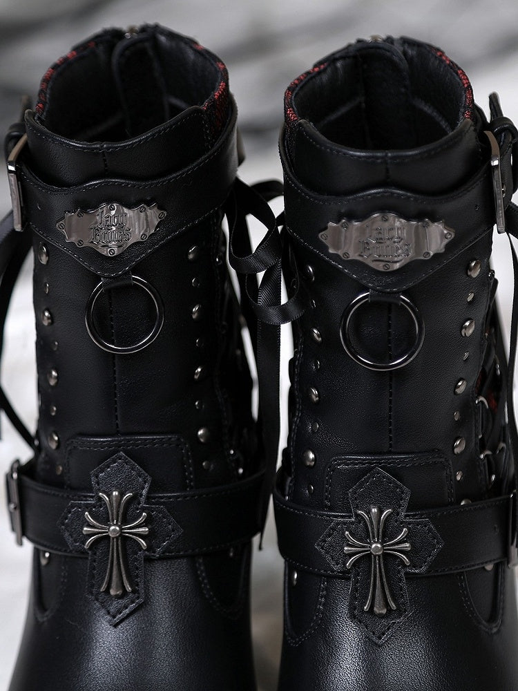 Gothic Lacing Crisscross Studded System PU Dual Black Fastening Boots Details - with High-heel Ankle